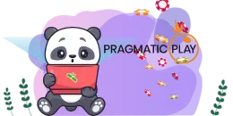 Cartoon panda holding a red laptop with a green apple logo, sitting in front of a purple background with the text "Pragmatic Play" and various poker chips and dice.