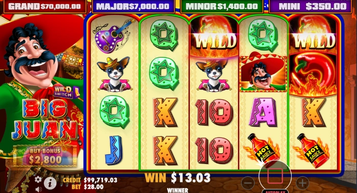 A slot machine screen displays a winning combination with the 