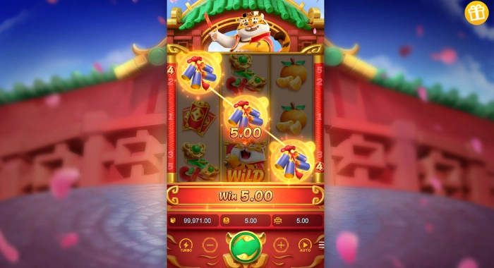 A slot machine screen displays a winning combination in an Asian-themed game, with the message 