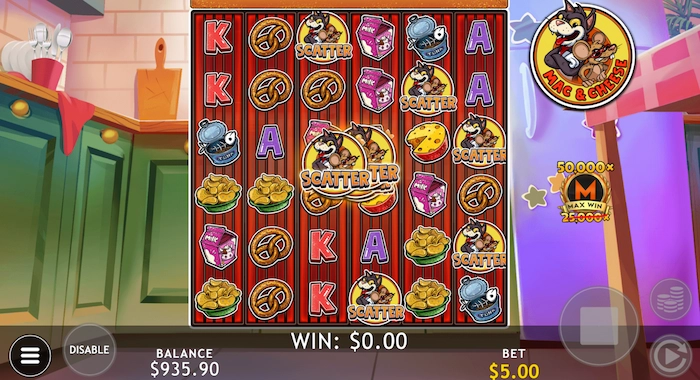 A slot machine game screenshot with a cartoon cat chef theme, showing symbols like pretzels, mac and cheese, milk cartons, and the chef cat, with a balance of $935.90 and a bet of $5.00.