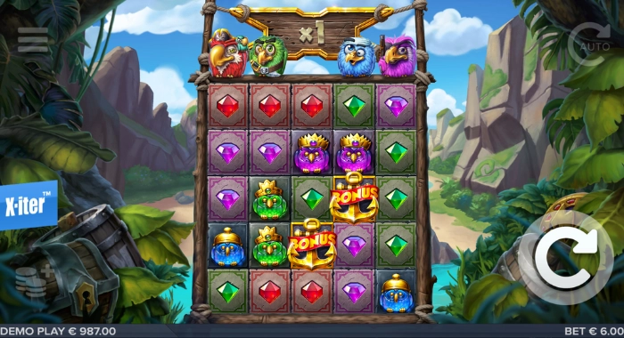 A jungle-themed slot game screen shows a 5x5 grid with bird and gem symbols, highlighting two bonus symbols, with a demo balance of €987 and a €6 bet.