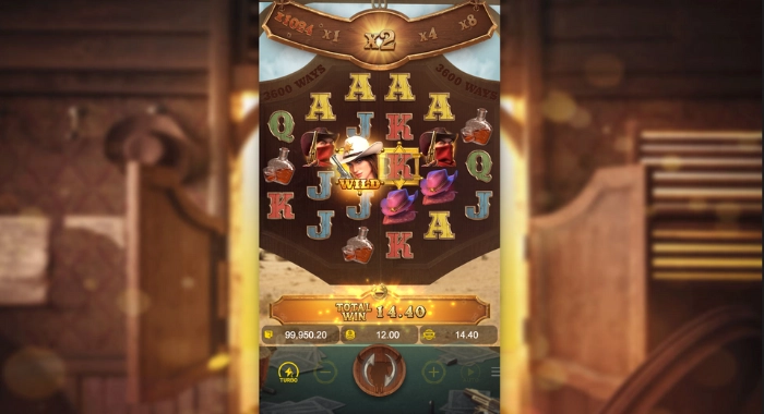 A slot game screen with a WILD symbol, 