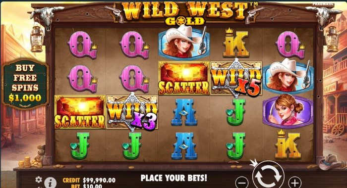 Wild West Gold slot screenshot: $99,990 credit, $10 bet, x5 WILD, SCATTER, BUY FREE SPINS $1,000.