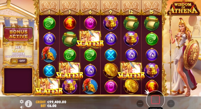 A Wisdom of Athena slot game screenshot shows a 6-reel layout with various symbols, including 