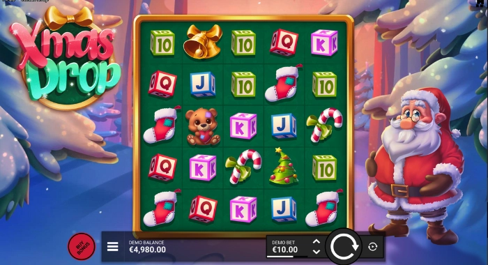 A slot game screen from Xmas Drop shows a 5x5 grid with various Christmas-themed symbols, including bells, stockings, teddy bears, and candy canes, alongside playing card symbols, with a demo balance of €4,980.00 and a bet of €10.00, with a cartoon Santa Claus standing to the right.