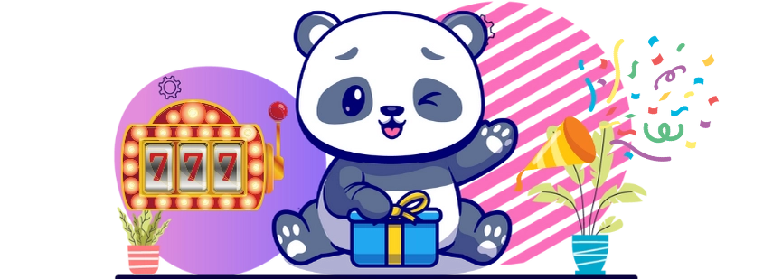 A winking cartoon panda sits with a gift box next to a slot machine showing "777", with a party horn and confetti in the background.