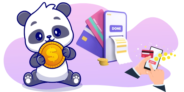 A cartoon panda holds a large coin with a dollar sign, while in the background a phone displays a credit card transaction completed successfully, with the word "DONE" and a receipt shown on the screen, and a hand holding another phone sending coins flying.