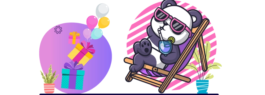 A cartoon panda wearing sunglasses relaxes in a beach chair with a drink, while on the left, a pile of gifts and balloons floats in the air.