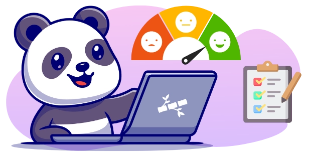 A cartoon panda smiles and points to a laptop screen displaying a bamboo icon, with a satisfaction scale above and a checklist on a clipboard beside it, suggesting positive feedback or a successful review.