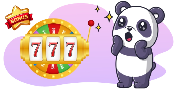 A surprised cartoon panda reacts to a slot machine showing "777" and a "BONUS" star, with sparkling lights and a spinning wheel.