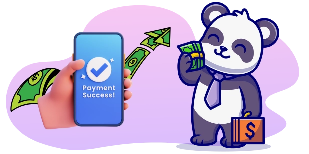 A cartoon panda in a tie holds cash and a briefcase with a dollar sign, while a hand holds a phone displaying a payment success message with a check mark.