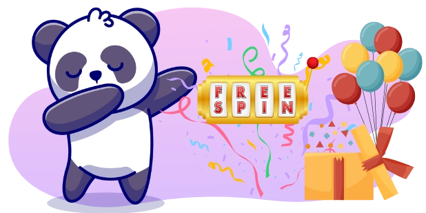 A cute cartoon panda dabbing next to a "FREE SPIN" slot machine with confetti and balloons in the background.