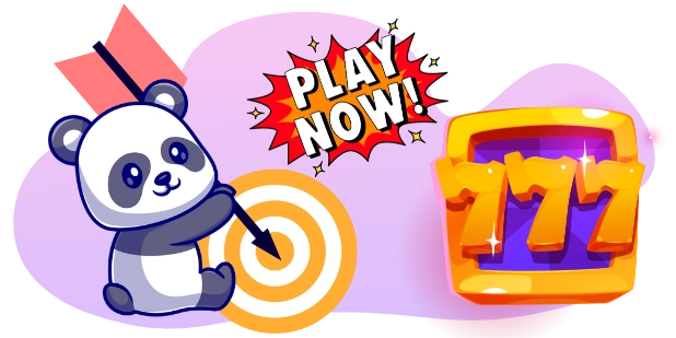 A cartoon panda aims an arrow at a target with a "PLAY NOW!" message and a golden "777" symbol in the background.