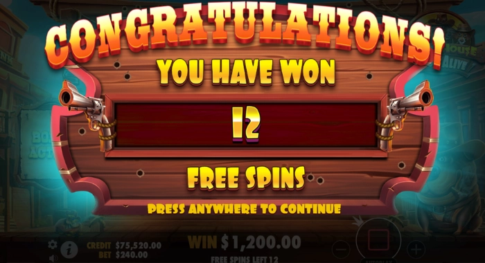 A screenshot of the Dog House Megaways slot game by Pragmatic Play, showing a congratulatory message awarding 12 free spins with a win of $1,200.00, with the game interface visible in the background.