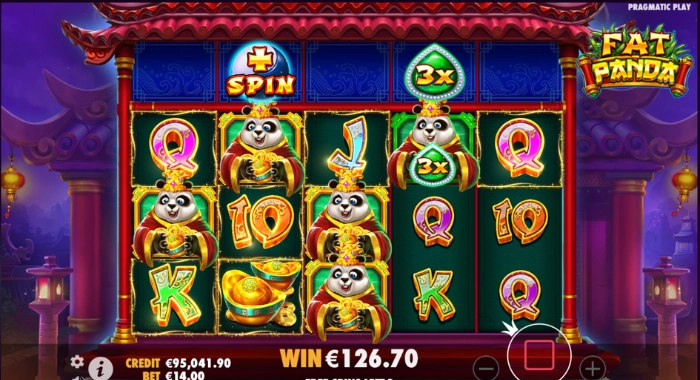 A Fat Panda slot game screenshot by Pragmatic Play shows a 5x3 grid with various symbols, including panda characters and a winning combination with a 3x multiplier, alongside a credit of €95,041.90, a bet of €14.00, and a win of €126.70, featuring an Asian-inspired design.