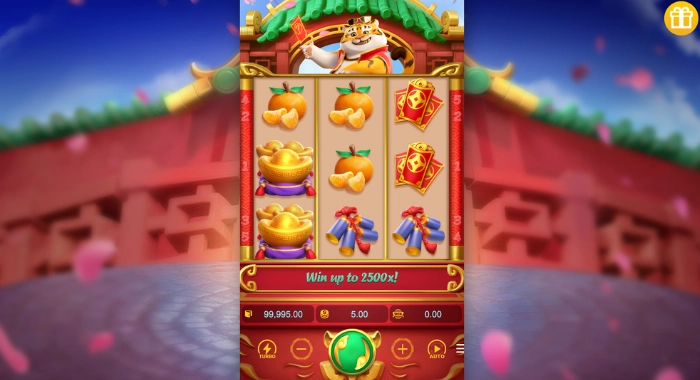 A slot machine screen displays an Asian-themed game with various symbols, showing a 