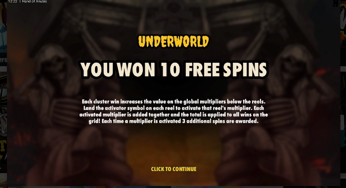 A screenshot of the Hand of Anubis slot game by Hacksaw Gaming, displaying a pop-up message stating 