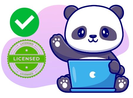 A cute cartoon panda sits with a blue laptop, waving, with a green checkmark and a 