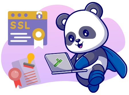 A cartoon panda in a blue cape uses a laptop displaying a bamboo leaf, with an SSL certificate graphic and a document with a red ribbon and gold seal nearby, illustrating secure online transactions.