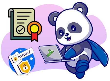 A cartoon panda wearing a blue cape and boots works on a laptop, with a document, a badge, and a secure HTTPS website address visible.