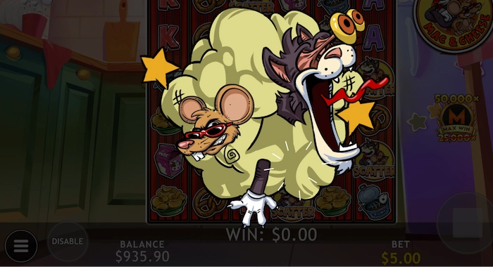 A slot machine game screenshot featuring cartoon characters, a cat and a mouse, surrounded by a cloud of smoke or steam, with the game interface showing a balance of $935.90 and a bet of $5.00.