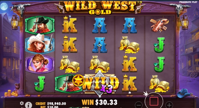 A screenshot of the Wild West Gold slot game by Pragmatic Play, showing a 5x3 reel grid with various western-themed symbols, including a WILD symbol with a x3 multiplier, with a credit of $98,940.00, a bet of $10.00, and a win of $30.33.