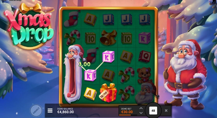 A Xmas Drop slot game screenshot shows a 5x5 grid with Christmas symbols, highlighting a 