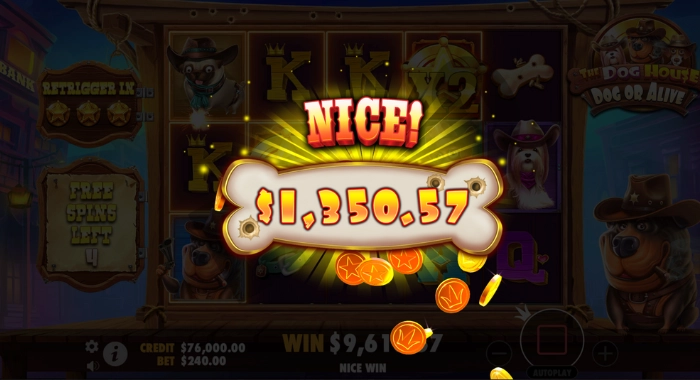 A screenshot of the Dog House Megaways slot game by Pragmatic Play, showing a 