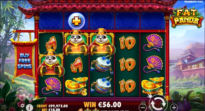 A Fat Panda slot game screenshot by Pragmatic Play shows a 5x3 grid with various symbols, including panda characters and a winning combination with a 10 symbol, alongside a credit of €99,972.00, a bet of €14.00, and a win of €56.00, featuring an Asian-inspired design.