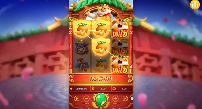 A slot machine screen displays a winning combination with the message 