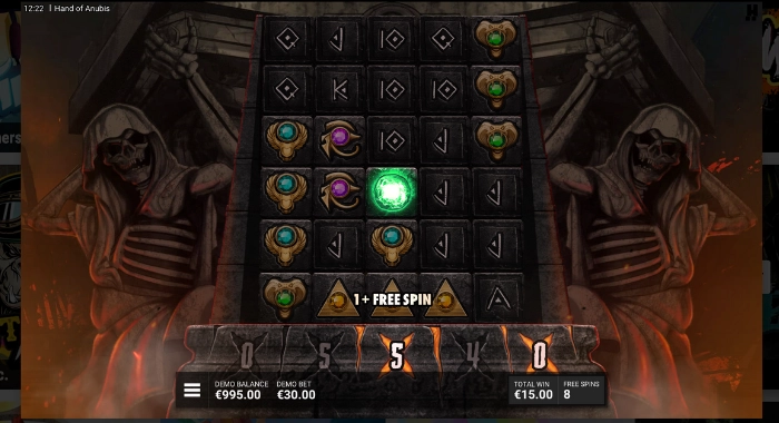 A screenshot of the Hand of Anubis slot game by Hacksaw Gaming, showing a 5x5 grid with various symbols, including a central glowing green sphere, flanked by two skeletal Anubis figures, with a current balance of €995.00 and a bet of €30.00.