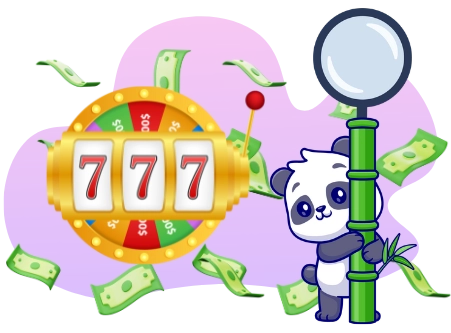 A cartoon panda inspects a slot machine with the number 777 displayed, using a magnifying glass attached to a green bamboo pole, while surrounded by scattered money.