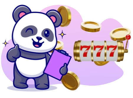 A winking cartoon panda gives a thumbs up next to a slot machine showing 