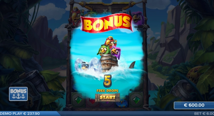 A slot machine screen displays a bonus game with a 