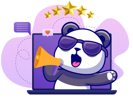 Cartoon panda wearing sunglasses, holding a megaphone, with a laptop and stars in the background.