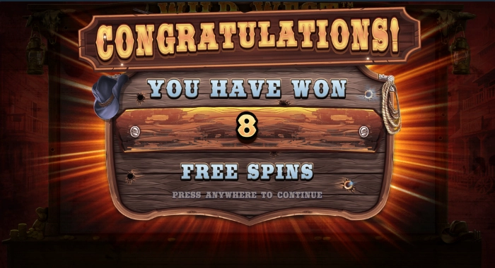 A Congratulations! screen from a slot machine game, designed with a wooden plank texture and a rope border, announces You Have Won 8 Free Spins, with a prompt to Press Anywhere To Continue.