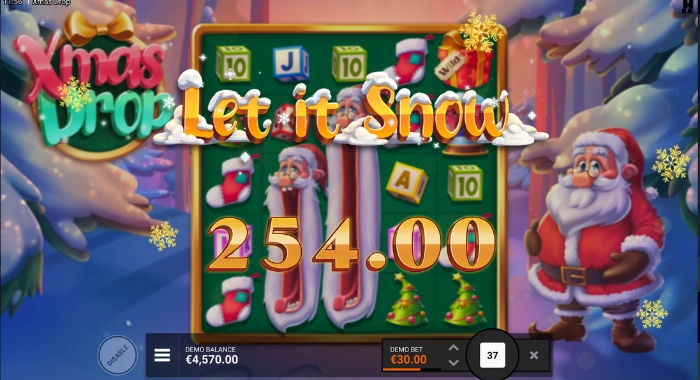 A Xmas Drop Let it Snow slot game screenshot shows a 5x5 grid with Christmas symbols, highlighting a win of 254.00, alongside a demo balance of €4,570.00 and a €30.00 bet, with a cartoon Santa Claus to the right.