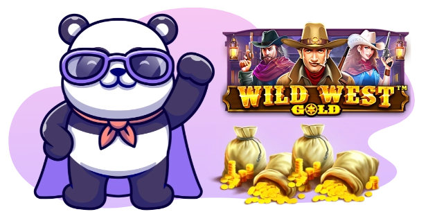 A cartoon panda wearing a purple cape and sunglasses waves, standing next to the "Wild West Gold" slot game logo and four bags overflowing with gold coins, against a gray and purple background.