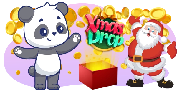 A cartoon panda gestures with open arms towards a red gift box emitting light and the "Xmas Drop" logo, with gold coins raining down and a cartoon Santa Claus cheering, all against a gray and purple background.