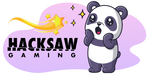 A surprised cartoon panda stands next to the Hacksaw Gaming logo, which features a shooting star and the company name.