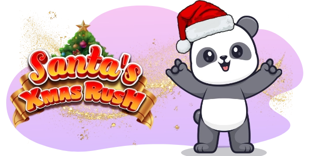 A happy cartoon panda wearing a Santa hat gestures with both hands next to the "Santa's Xmas Rush" logo and a decorated Christmas tree.