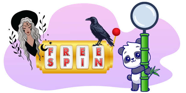 A cartoon panda holds a magnifying glass next to a "FREE SPIN" slot machine with a raven perched on top, and a witch-like woman's portrait in the background.