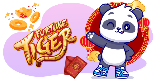 A cartoon-style illustration featuring a winking panda wearing blue sneakers, gesturing towards the "Fortune Tiger" logo in gold lettering, with a red envelope and gold ingots in the background, all against a gray and purple backdrop.