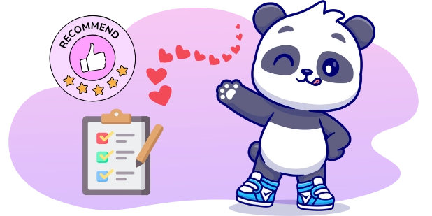 A happy cartoon panda waves and blows hearts, with a checklist and a "Recommend" button with five stars nearby, suggesting positive feedback and satisfaction.