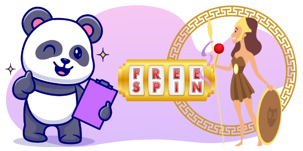 A cartoon panda winks and gives a thumbs-up while holding a clipboard, beside a golden "FREE SPIN" code dial and a female character resembling Athena holding a spear and shield, all against a gray and purple background with a Greek key pattern.