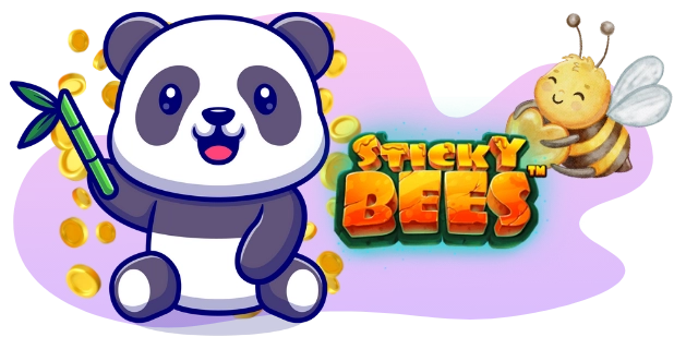 A cartoon panda holds a bamboo stalk beside the "Sticky Bees" logo, while a smiling bee hovers near scattered gold coins against a gray background.