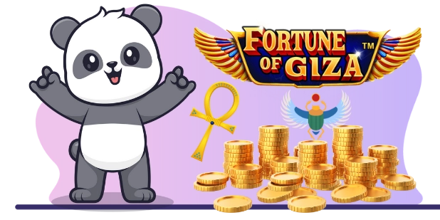 A cartoonish illustration featuring a cheerful gray and white panda waving, a golden ankh symbol, stacks of gold coins, and the "Fortune of Giza" logo with a winged sun disc, all against a dual-tone gray and purple background.