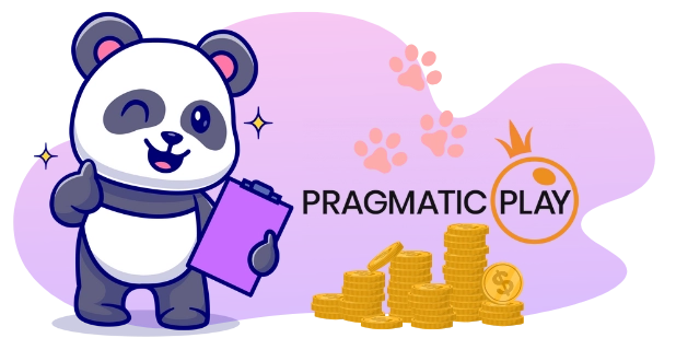 A winking cartoon panda gives a thumbs up next to the Pragmatic Play logo, with paw prints and stacks of gold coins in the background.