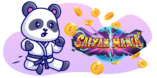 A surprised cartoon panda in a karate outfit leaps next to the "Saian Mania" logo, with flying dollar coins and a burst of energy in the background.