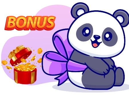 A happy cartoon panda sits with a large purple bow, next to a 